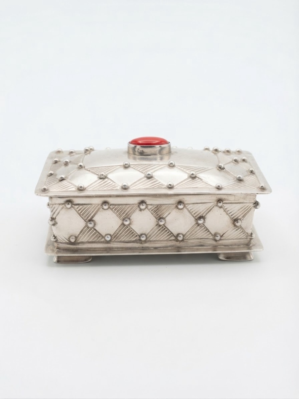 Vintage Mexican Silver-Tone Trinket Box with Red Cabochon and Studded Details